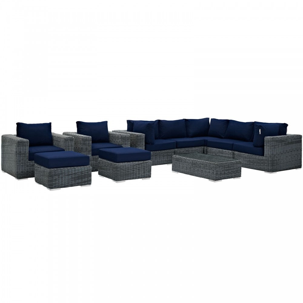 Summon 10 Piece Outdoor Patio Sunbrella Sectional Set, Canvas Navy, EEI-1902-GRY-NAV-SET