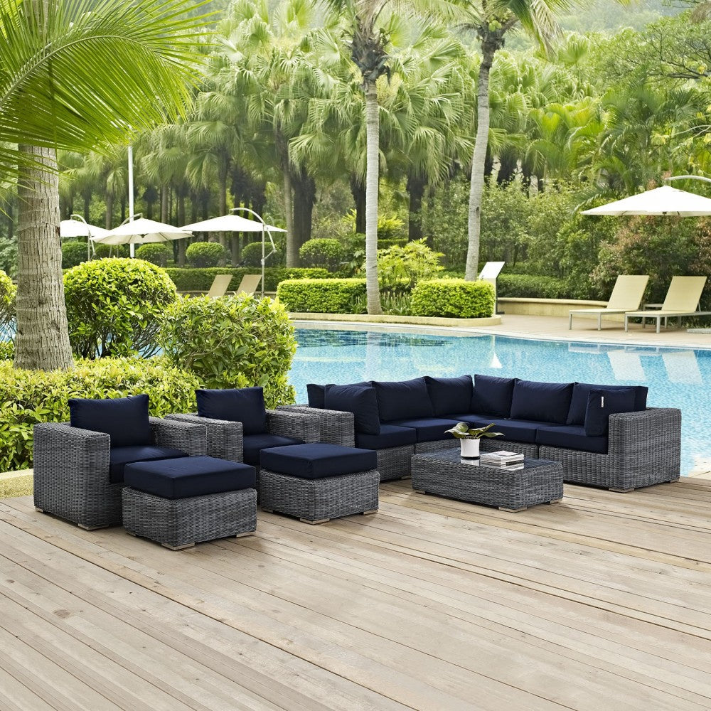 Summon 10 Piece Outdoor Patio Sunbrella Sectional Set, Canvas Navy, EEI-1902-GRY-NAV-SET