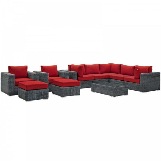 Summon 10 Piece Outdoor Patio Sunbrella Sectional Set, Canvas Red