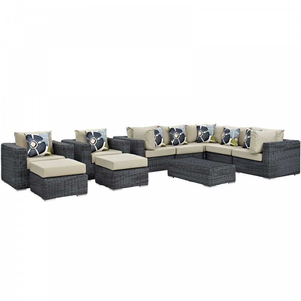 Summon 10 Piece Outdoor Patio Sunbrella Sectional Set, Canvas Antique Beige, EEI-2396-GRY-BEI-SET