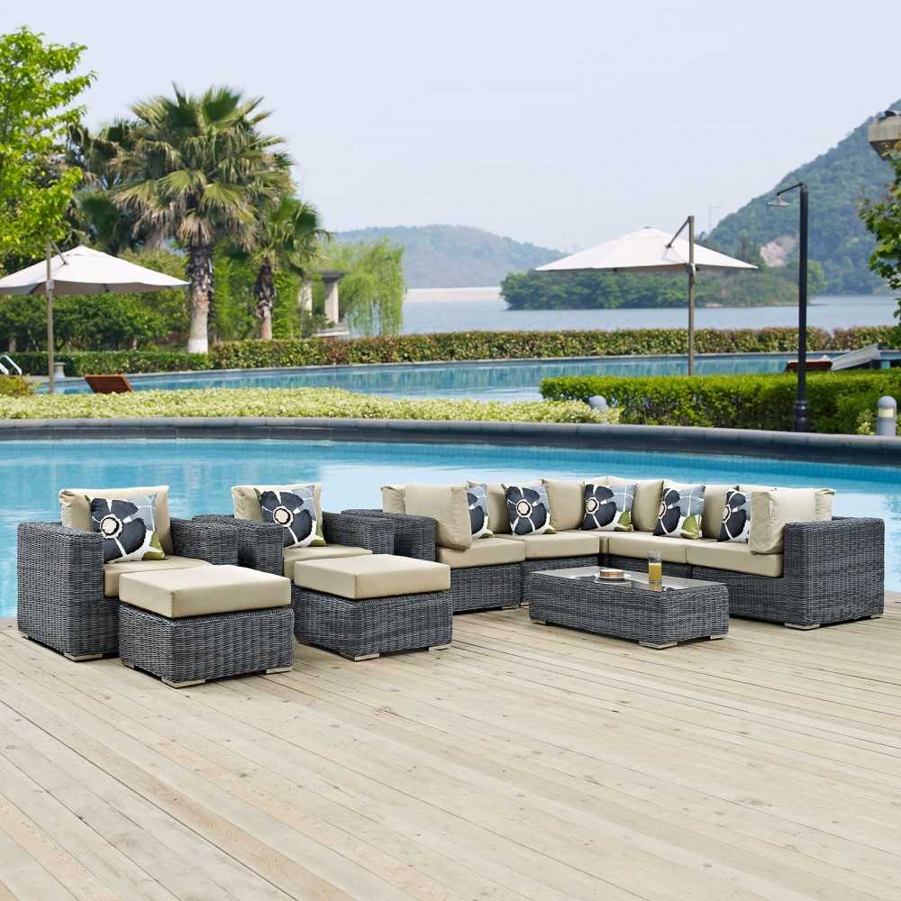 Summon 10 Piece Outdoor Patio Sunbrella Sectional Set, Canvas Antique Beige, EEI-2396-GRY-BEI-SET