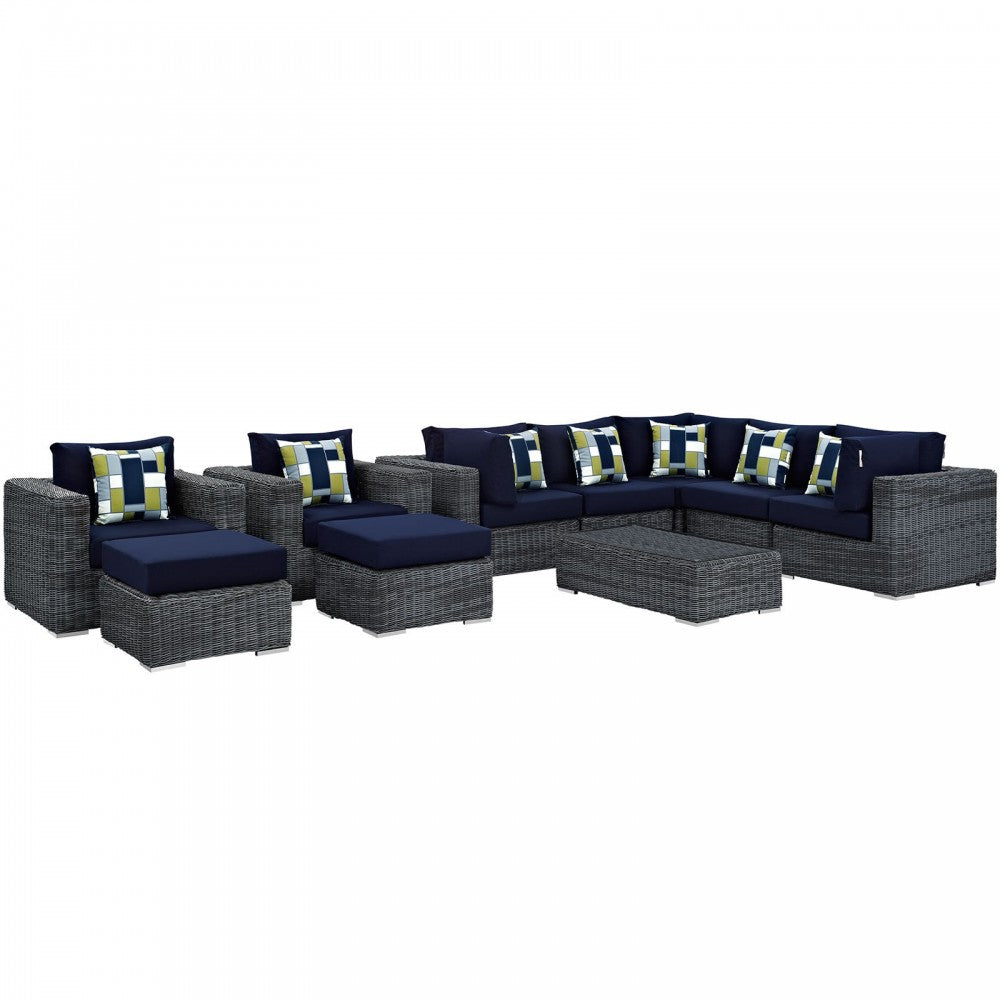 Summon 10 Piece Outdoor Patio Sunbrella Sectional Set, Canvas Navy, EEI-2396-GRY-NAV-SET