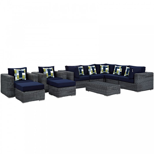 Summon 10 Piece Outdoor Patio Sunbrella Sectional Set, Canvas Navy, EEI-2396-GRY-NAV-SET