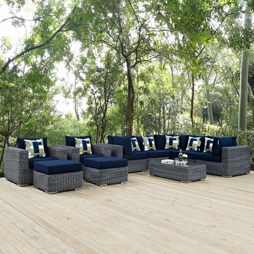 Summon 10 Piece Outdoor Patio Sunbrella Sectional Set, Canvas Navy, EEI-2396-GRY-NAV-SET