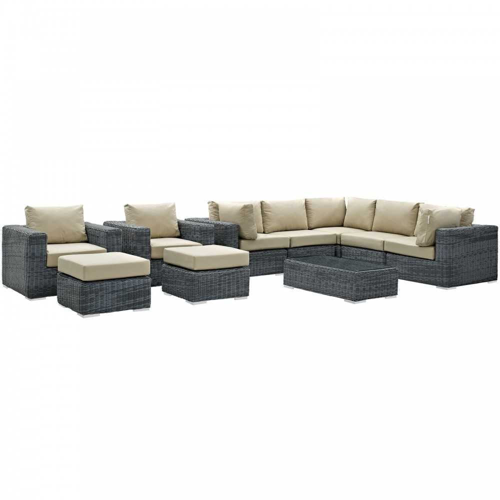 Summon 10 Piece Outdoor Patio Sunbrella Sectional Set, Canvas Antique Beige, EEI-1902-GRY-BEI-SET