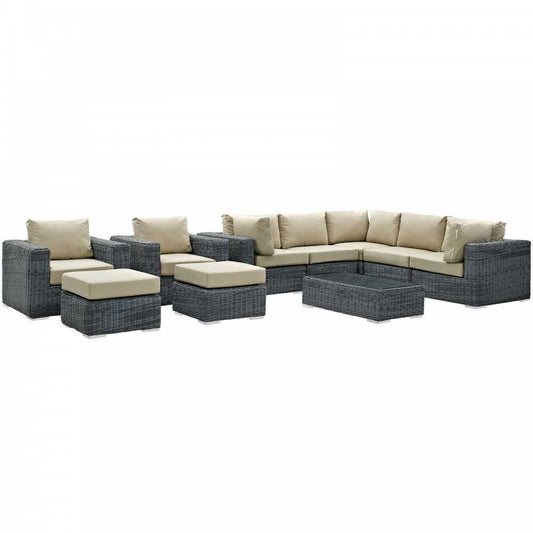 Summon 10 Piece Outdoor Patio Sunbrella Sectional Set, Canvas Antique Beige, EEI-1902-GRY-BEI-SET