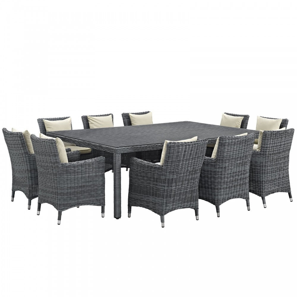 Summon 11 Piece Outdoor Patio Sunbrella Dining Set, Antique Canvas Beige