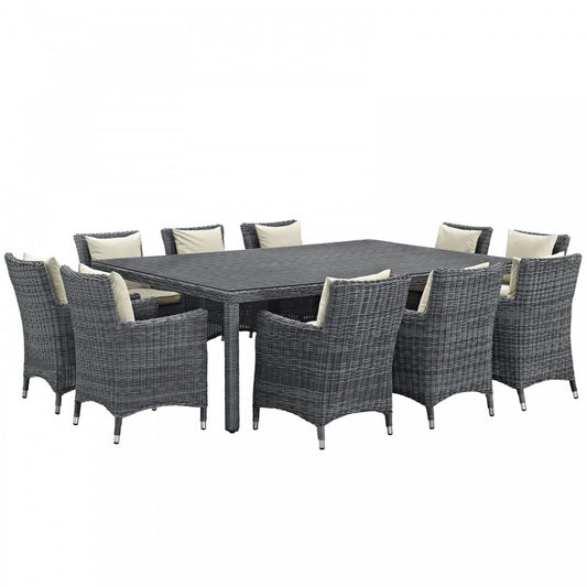 Summon 11 Piece Outdoor Patio Sunbrella Dining Set, Antique Canvas Beige