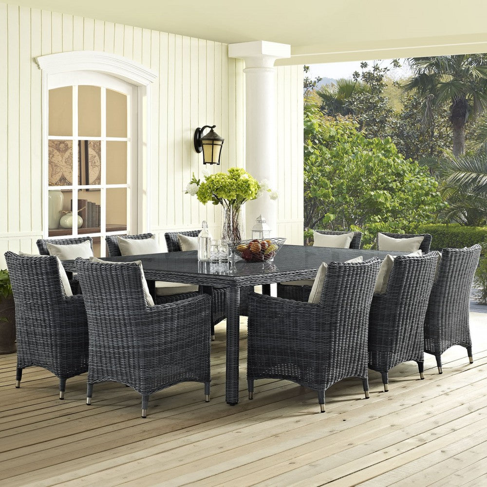 Summon 11 Piece Outdoor Patio Sunbrella Dining Set, Antique Canvas Beige