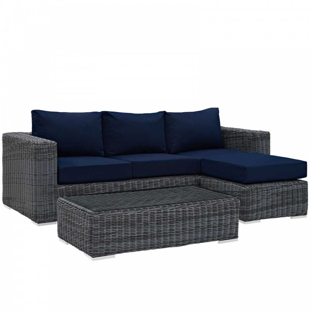Summon 3 Piece Outdoor Patio Sunbrella Sectional Set, Canvas Navy, EEI-1903-GRY-NAV-SET