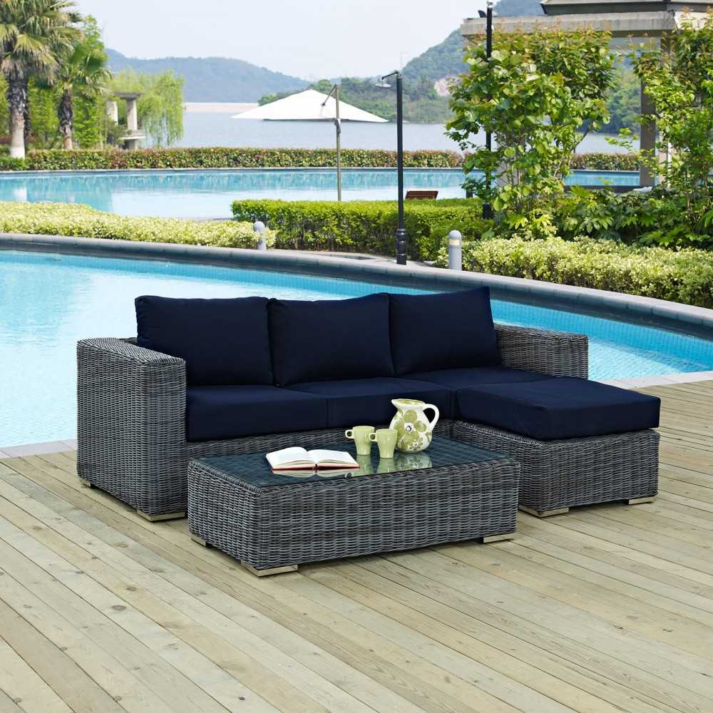 Summon 3 Piece Outdoor Patio Sunbrella Sectional Set, Canvas Navy, EEI-1903-GRY-NAV-SET