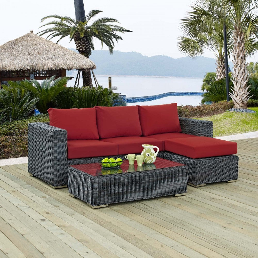Summon 3 Piece Outdoor Patio Sunbrella Sectional Set, Canvas Red, EEI-1903-GRY-RED-SET