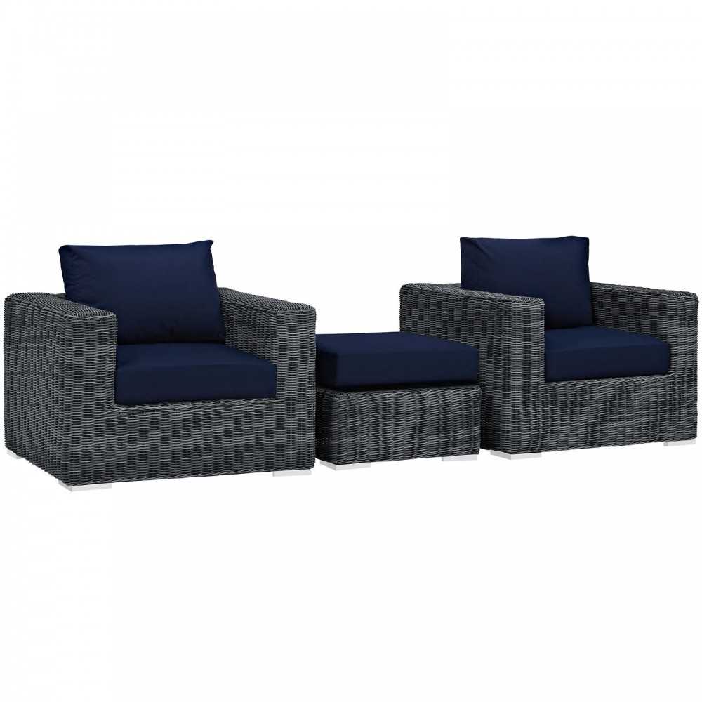 Summon 3 Piece Outdoor Patio Sunbrella Sectional Set, Canvas Navy, EEI-1905-GRY-NAV-SET