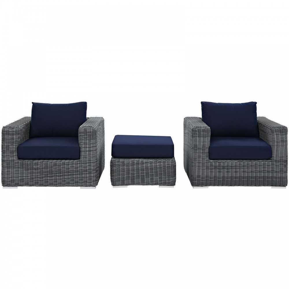 Summon 3 Piece Outdoor Patio Sunbrella Sectional Set, Canvas Navy, EEI-1905-GRY-NAV-SET
