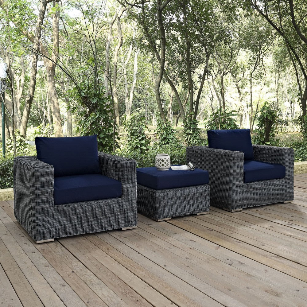 Summon 3 Piece Outdoor Patio Sunbrella Sectional Set, Canvas Navy, EEI-1905-GRY-NAV-SET