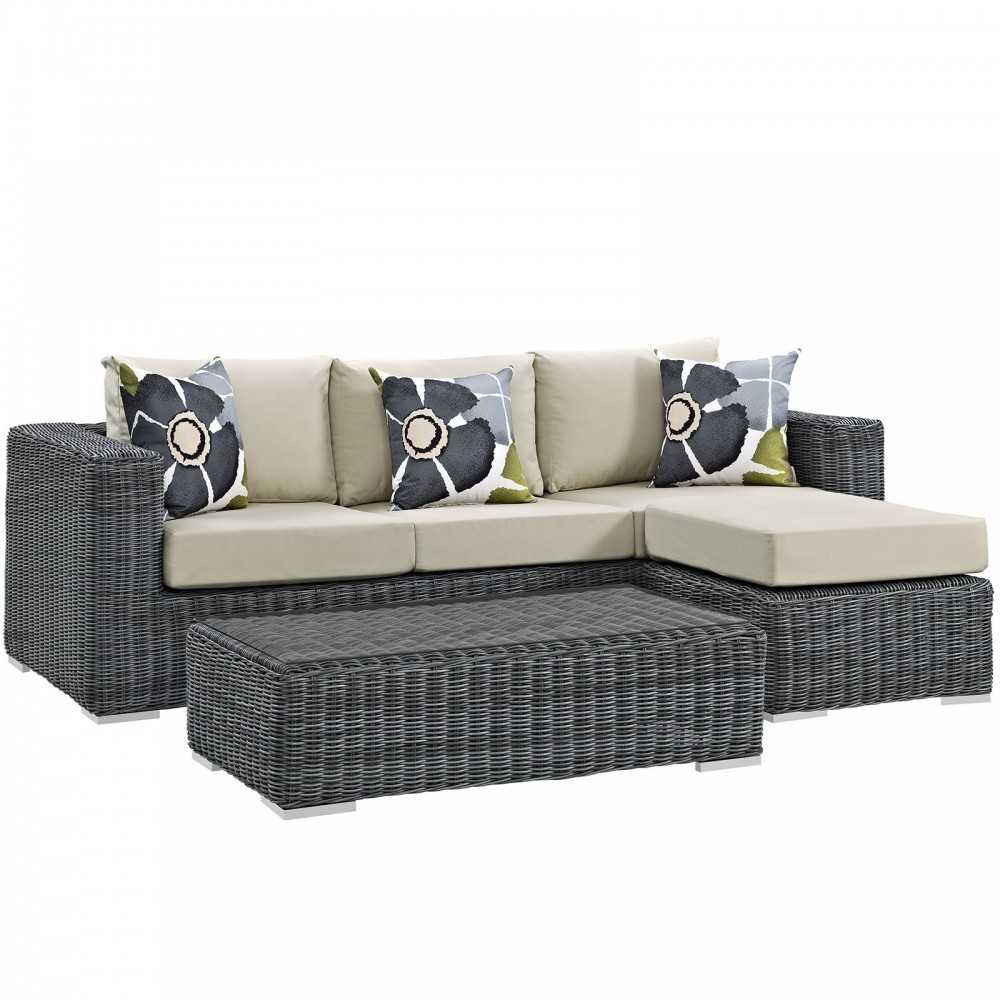 Summon 3 Piece Outdoor Patio Sunbrella Sectional Set, Canvas Antique Beige, EEI-2397-GRY-BEI-SET
