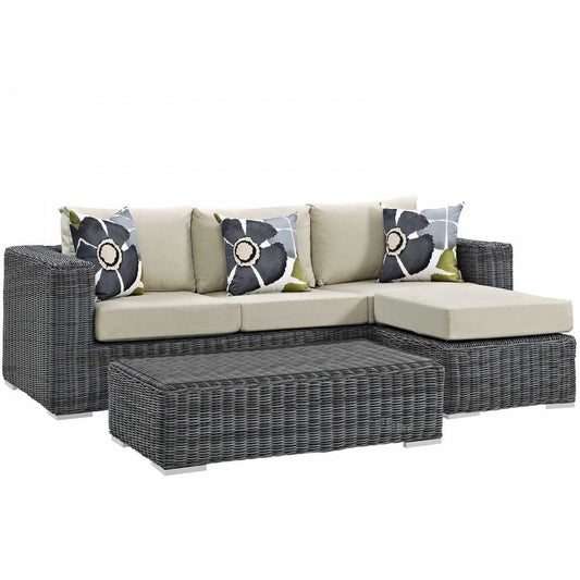 Summon 3 Piece Outdoor Patio Sunbrella Sectional Set, Canvas Antique Beige, EEI-2397-GRY-BEI-SET