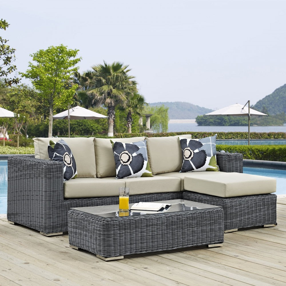 Summon 3 Piece Outdoor Patio Sunbrella Sectional Set, Canvas Antique Beige, EEI-2397-GRY-BEI-SET