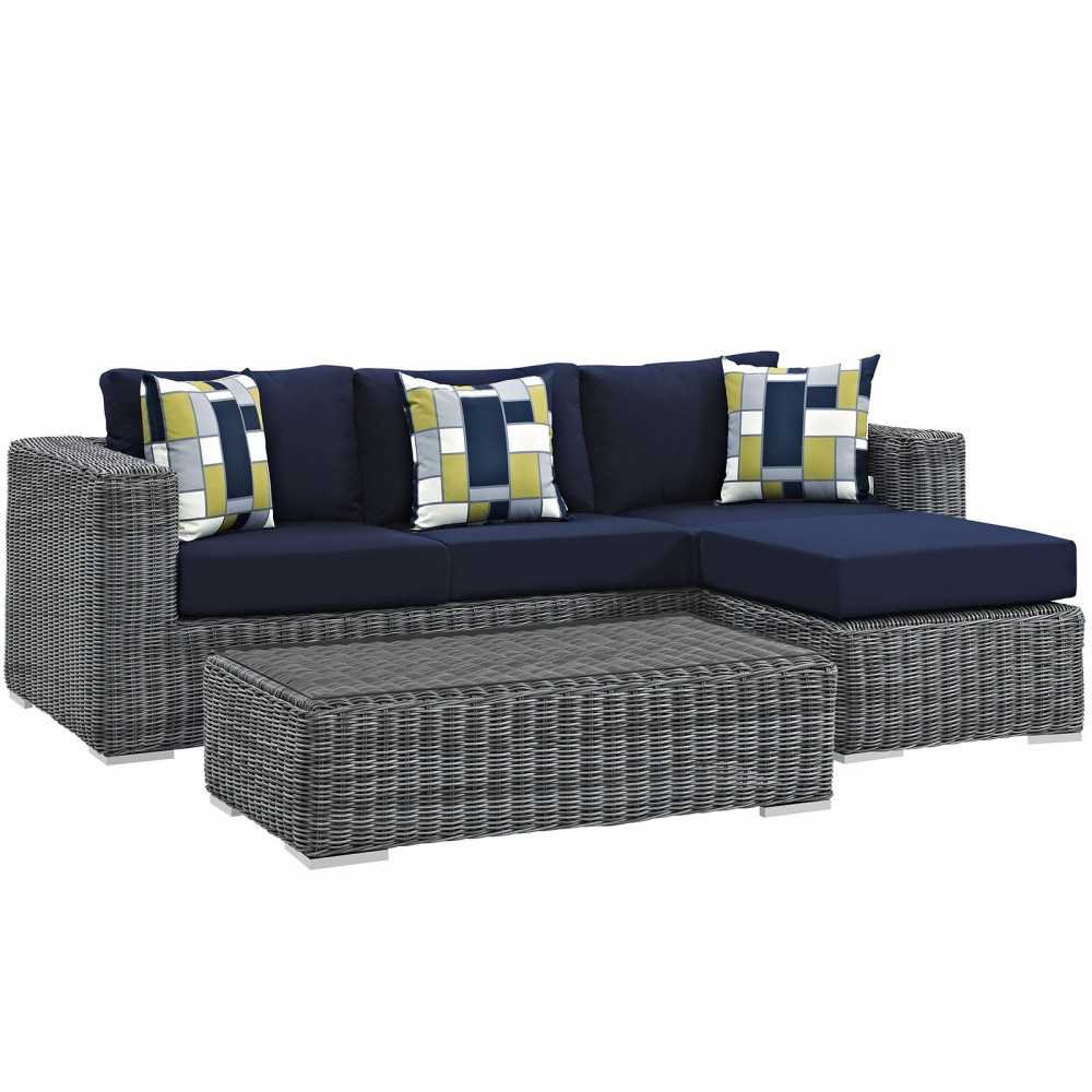 Summon 3 Piece Outdoor Patio Sunbrella Sectional Set, Canvas Navy, EEI-2397-GRY-NAV-SET