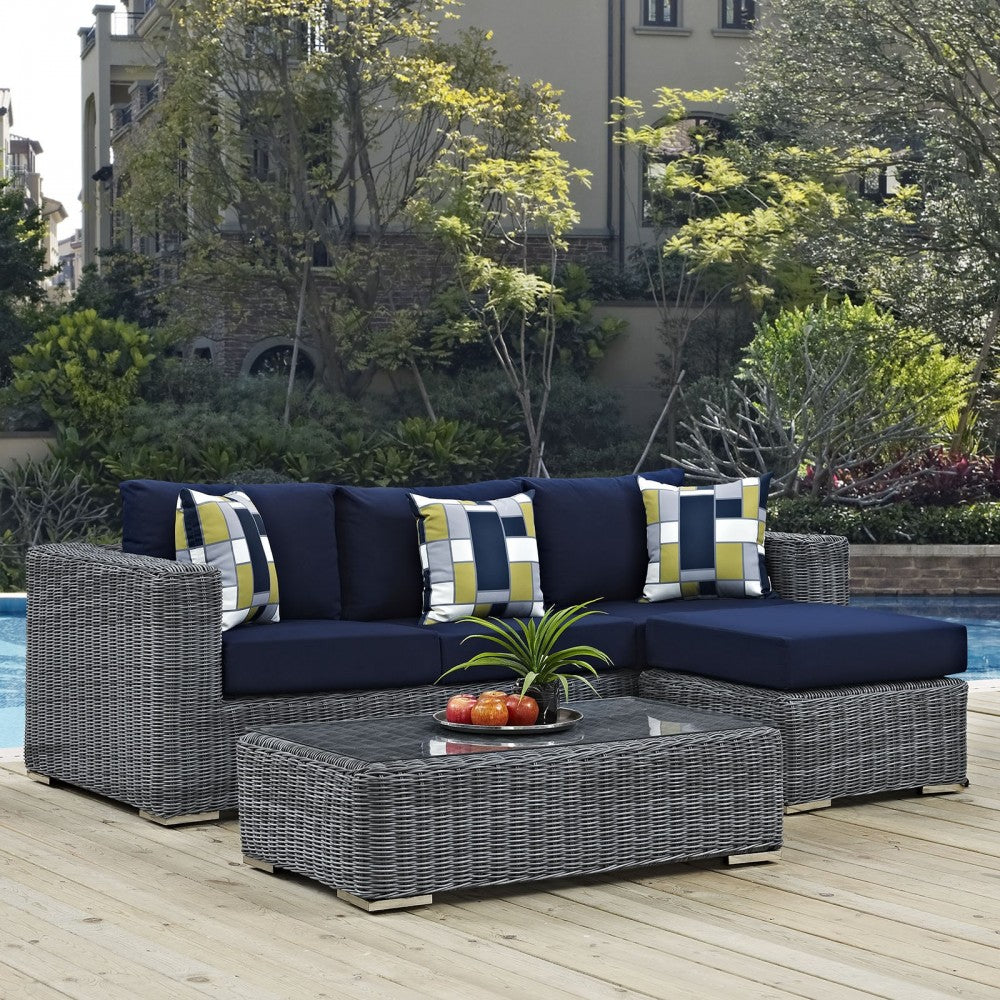 Summon 3 Piece Outdoor Patio Sunbrella Sectional Set, Canvas Navy, EEI-2397-GRY-NAV-SET
