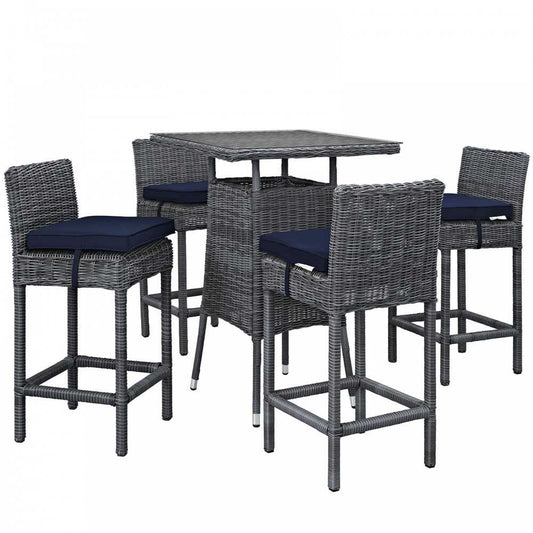 Summon 5 Piece Outdoor Patio Sunbrella Pub Set, Canvas Navy, EEI-1971-GRY-NAV-SET