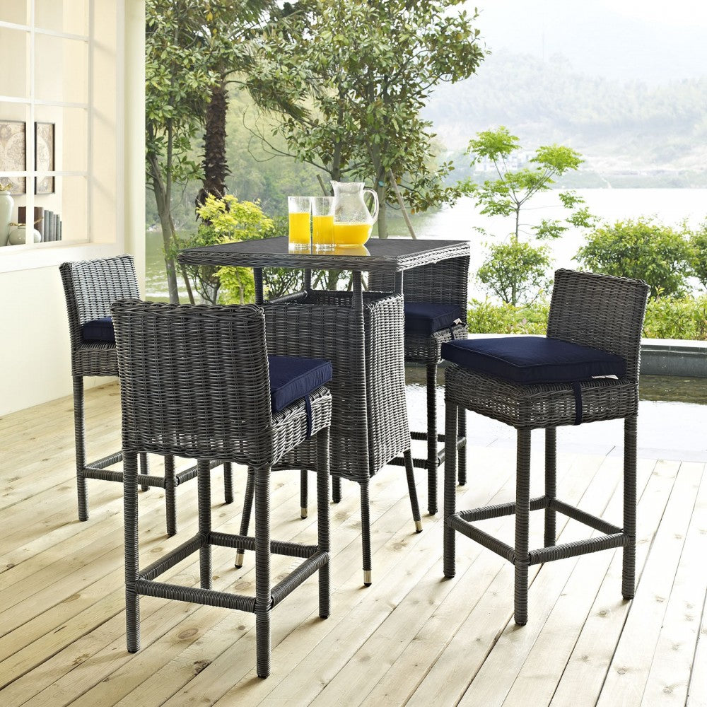 Summon 5 Piece Outdoor Patio Sunbrella Pub Set, Canvas Navy, EEI-1971-GRY-NAV-SET