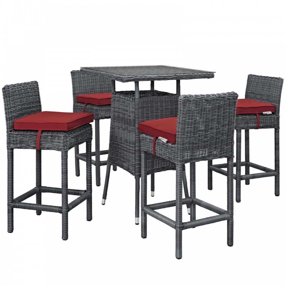 Summon 5 Piece Outdoor Patio Sunbrella Pub Set, Canvas Red, EEI-1971-GRY-RED-SET