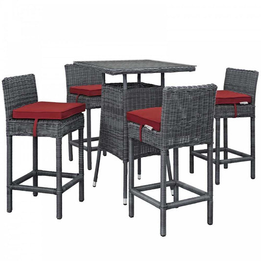 Summon 5 Piece Outdoor Patio Sunbrella Pub Set, Canvas Red, EEI-1971-GRY-RED-SET