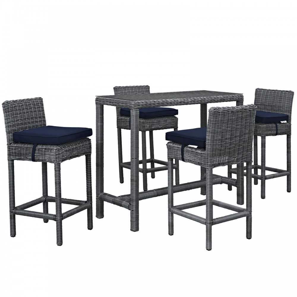 Summon 5 Piece Outdoor Patio Sunbrella Pub Set, Canvas Navy, EEI-1972-GRY-NAV-SET