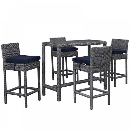 Summon 5 Piece Outdoor Patio Sunbrella Pub Set, Canvas Navy, EEI-1972-GRY-NAV-SET