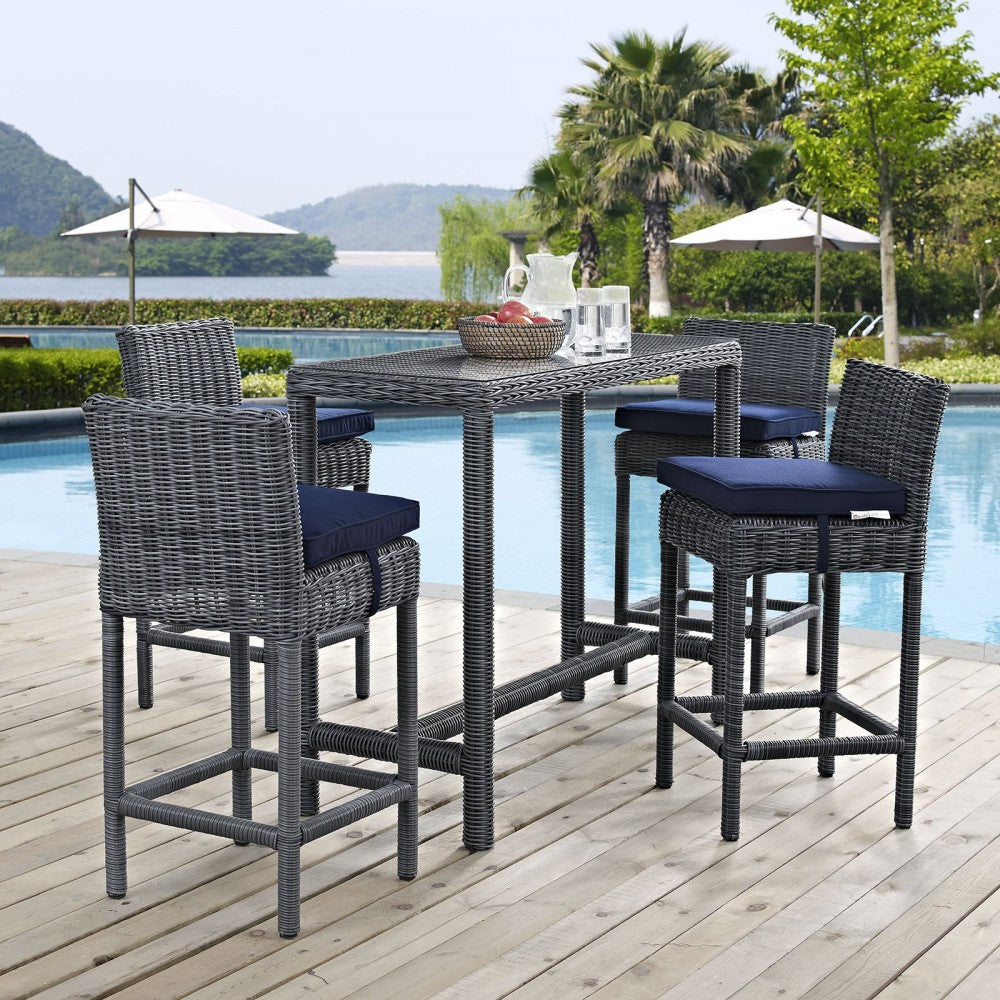 Summon 5 Piece Outdoor Patio Sunbrella Pub Set, Canvas Navy, EEI-1972-GRY-NAV-SET