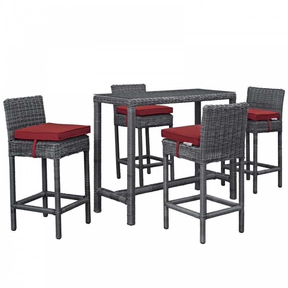 Summon 5 Piece Outdoor Patio Sunbrella Pub Set, Canvas Red, EEI-1972-GRY-RED-SET