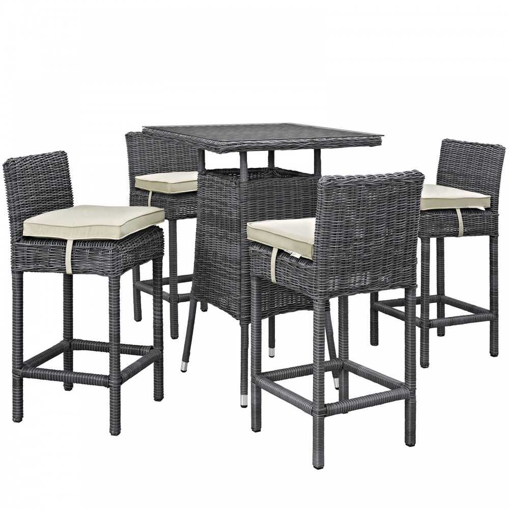 Summon 5 Piece Outdoor Patio Sunbrella Pub Set, Antique Canvas Beige, EEI-1971-GRY-BEI-SET