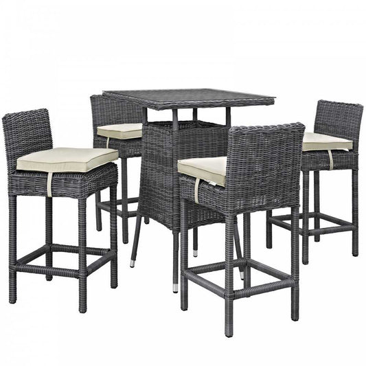 Summon 5 Piece Outdoor Patio Sunbrella Pub Set, Antique Canvas Beige, EEI-1971-GRY-BEI-SET