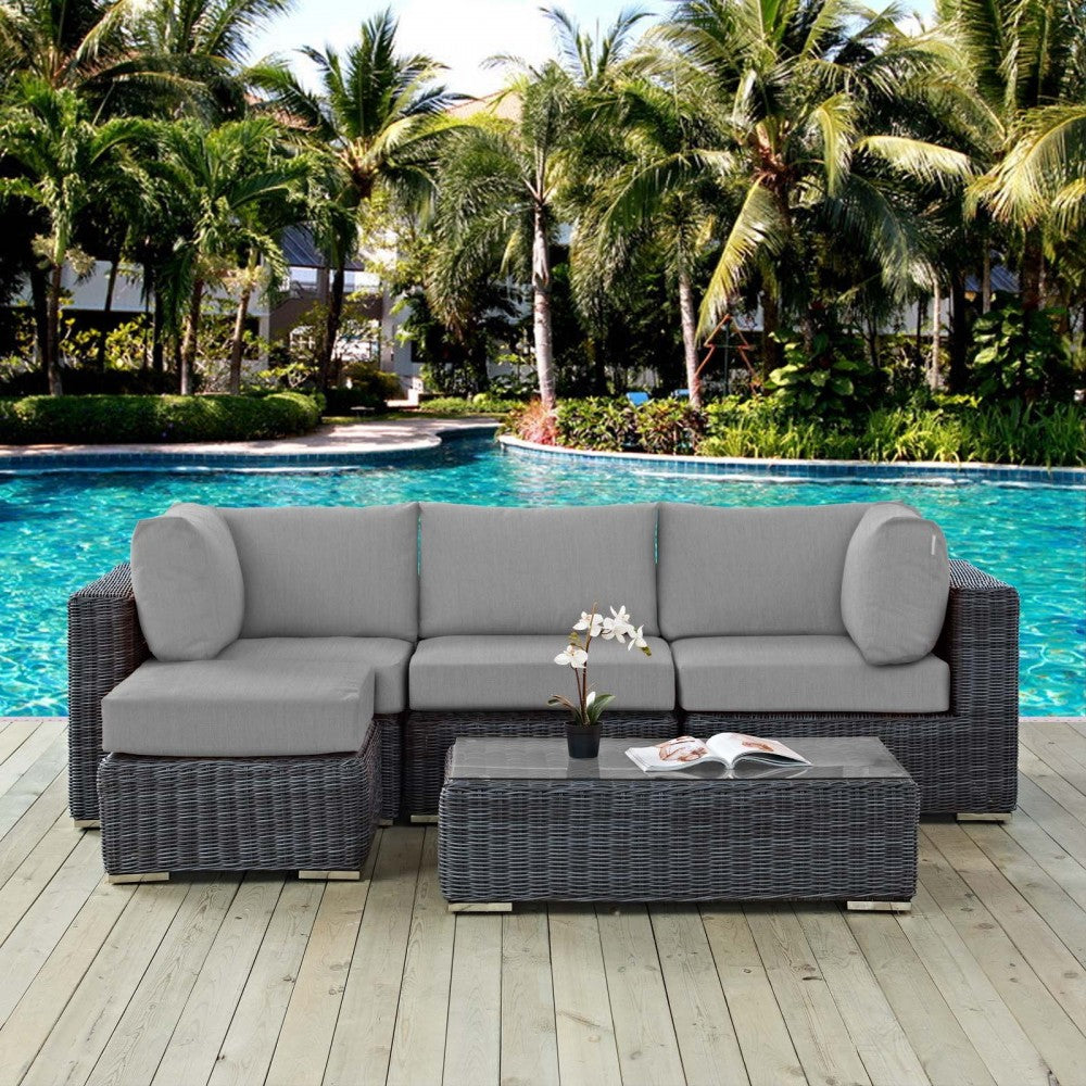 Summon 5 Piece Outdoor Patio Sunbrella Sectional Set, Canvas Gray, EEI-1904-GRY-GRY-SET