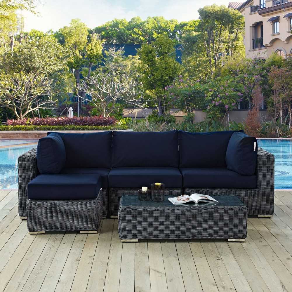 Summon 5 Piece Outdoor Patio Sunbrella Sectional Set, Canvas Navy, EEI-1904-GRY-NAV-SET