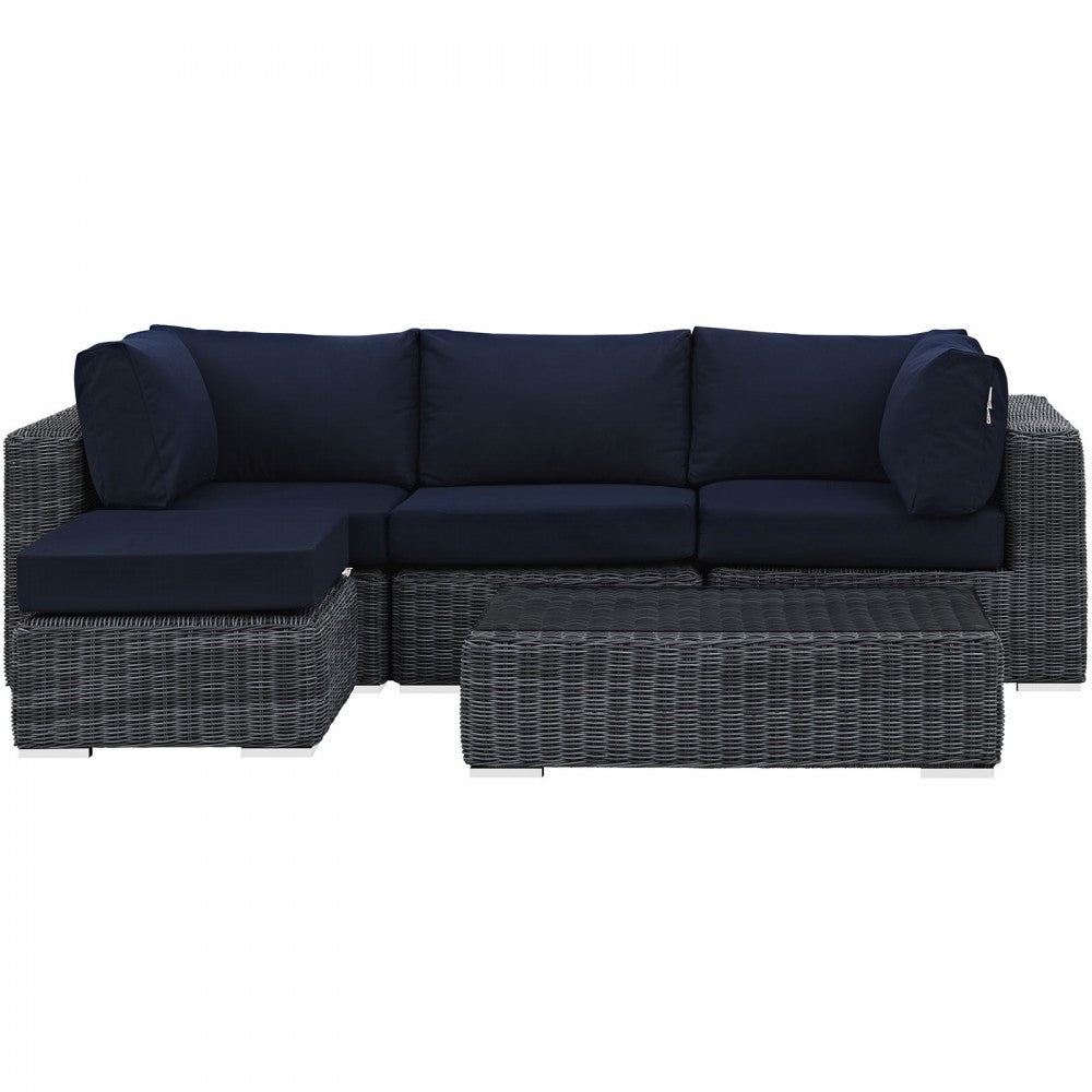 Summon 5 Piece Outdoor Patio Sunbrella Sectional Set, Canvas Navy, EEI-1904-GRY-NAV-SET