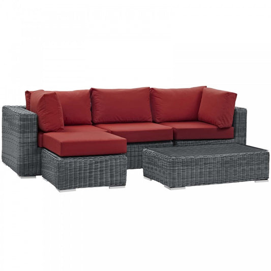 Summon 5 Piece Outdoor Patio Sunbrella Sectional Set, Canvas Red, EEI-1904-GRY-RED-SET