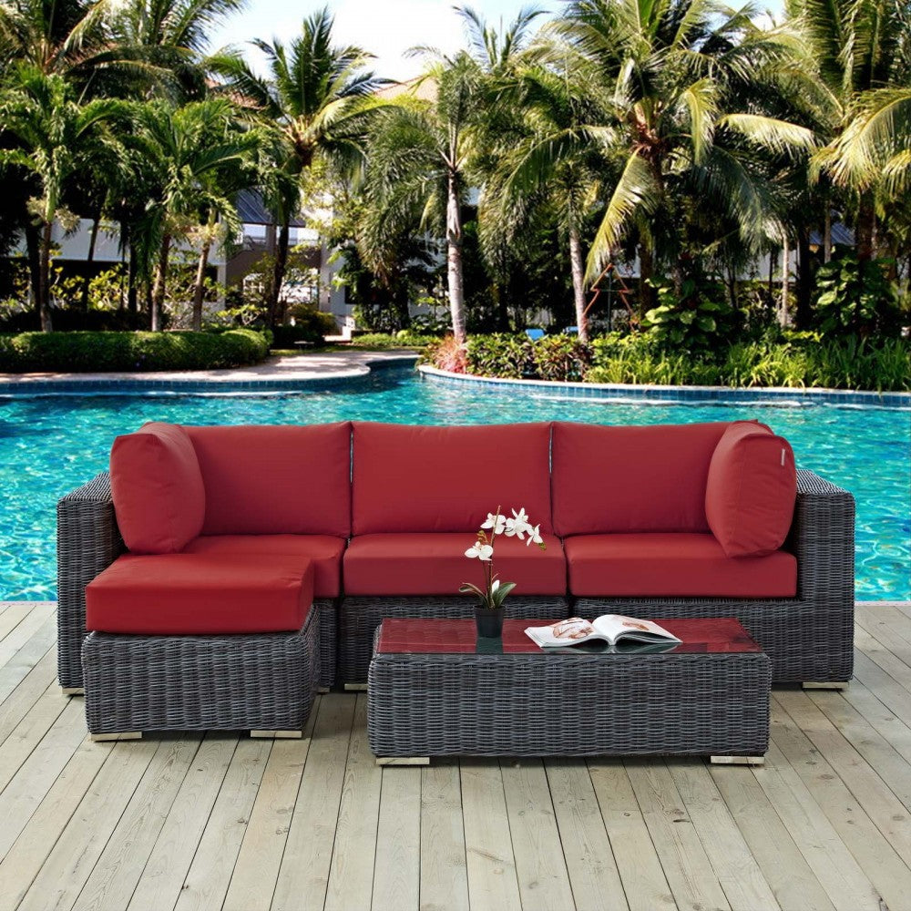 Summon 5 Piece Outdoor Patio Sunbrella Sectional Set, Canvas Red, EEI-1904-GRY-RED-SET