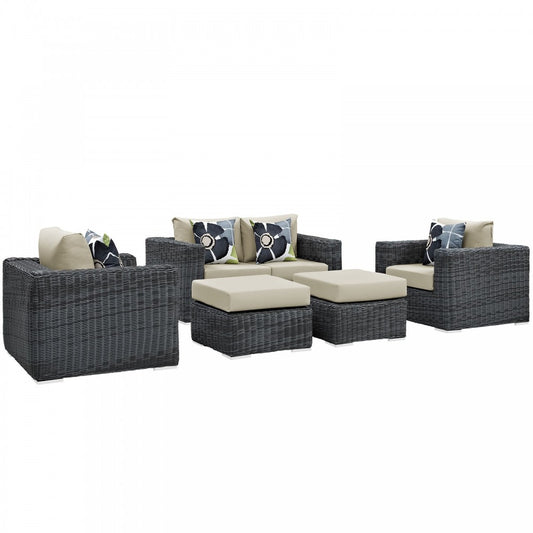 Summon 5 Piece Outdoor Patio Sunbrella Sectional Set, Canvas Antique Beige, EEI-2388-GRY-BEI-SET