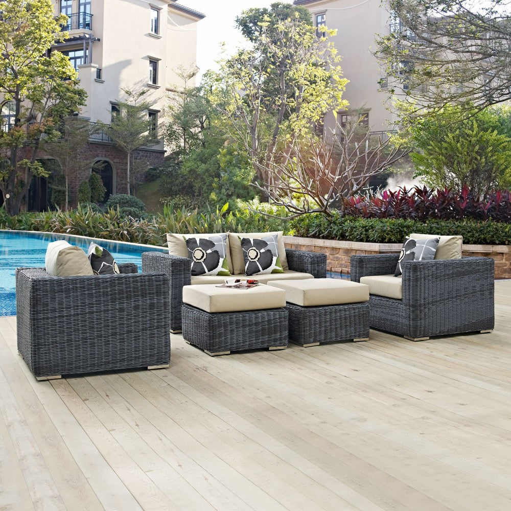Summon 5 Piece Outdoor Patio Sunbrella Sectional Set, Canvas Antique Beige, EEI-2388-GRY-BEI-SET