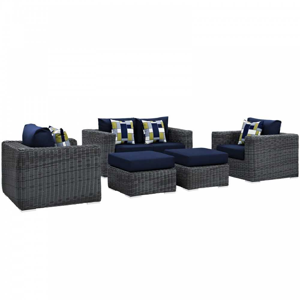 Summon 5 Piece Outdoor Patio Sunbrella Sectional Set, Canvas Navy, EEI-2388-GRY-NAV-SET