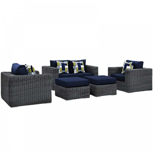 Summon 5 Piece Outdoor Patio Sunbrella Sectional Set, Canvas Navy, EEI-2388-GRY-NAV-SET