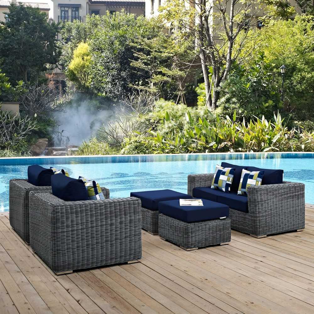 Summon 5 Piece Outdoor Patio Sunbrella Sectional Set, Canvas Navy, EEI-2388-GRY-NAV-SET