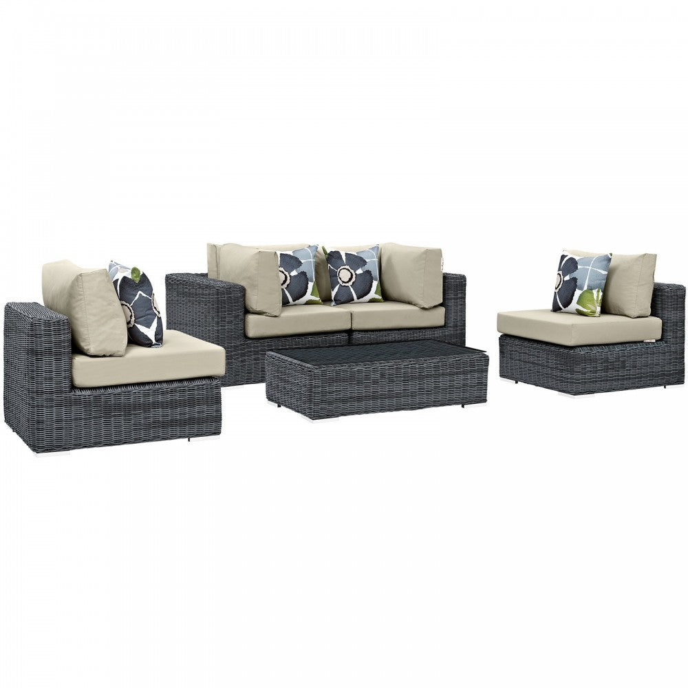 Summon 5 Piece Outdoor Patio Sunbrella Sectional Set, Canvas Antique Beige, EEI-2391-GRY-BEI-SET