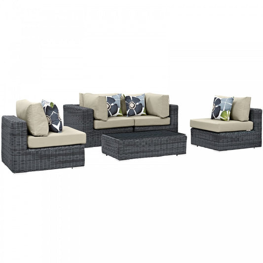 Summon 5 Piece Outdoor Patio Sunbrella Sectional Set, Canvas Antique Beige, EEI-2391-GRY-BEI-SET