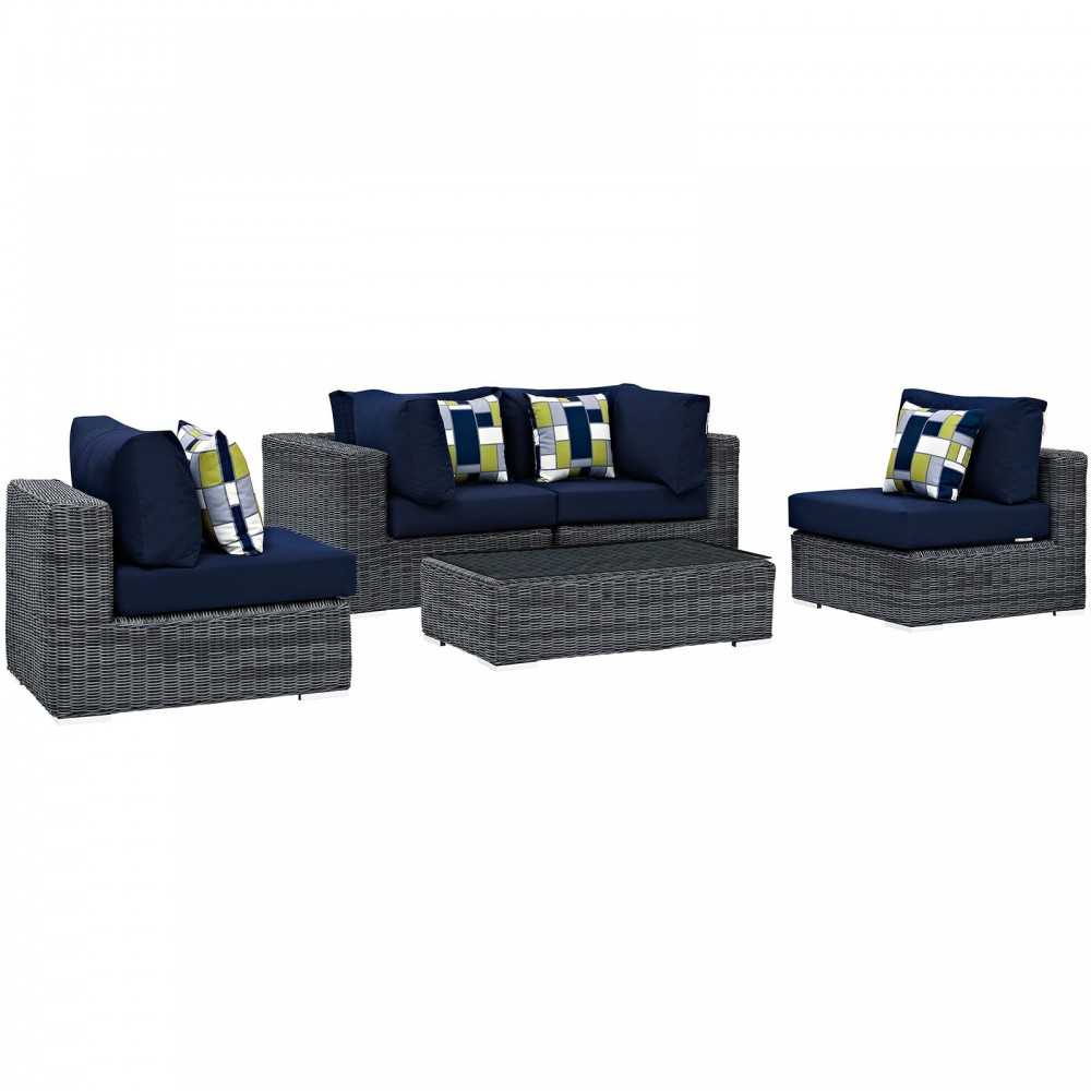 Summon 5 Piece Outdoor Patio Sunbrella Sectional Set, Canvas Navy, EEI-2391-GRY-NAV-SET