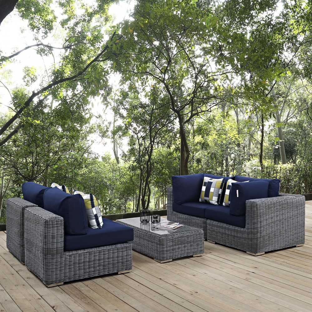 Summon 5 Piece Outdoor Patio Sunbrella Sectional Set, Canvas Navy, EEI-2391-GRY-NAV-SET