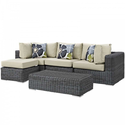 Summon 5 Piece Outdoor Patio Sunbrella Sectional Set, Canvas Antique Beige, EEI-2398-GRY-BEI-SET