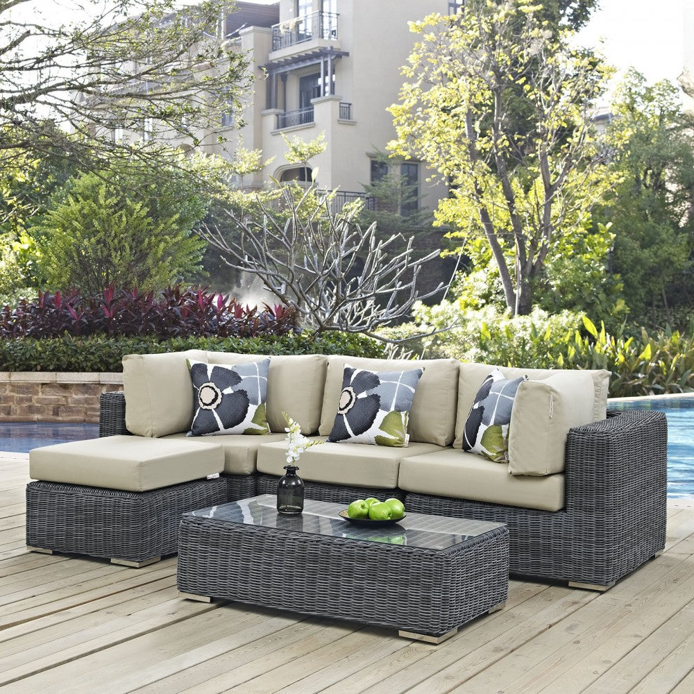 Summon 5 Piece Outdoor Patio Sunbrella Sectional Set, Canvas Antique Beige, EEI-2398-GRY-BEI-SET